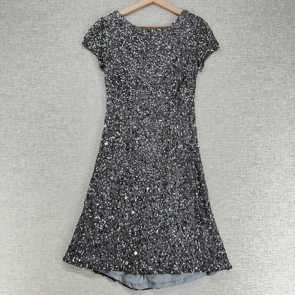 Adrianna Papell Dress Womens 6P Silver Sequin Mesh A-Line Short‎ Sleeve Party